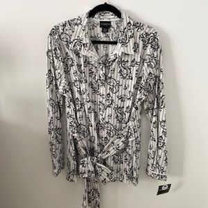 Liz Claiborne Alpine Romance Cotton Long Sleeve Blouse Black White Paisley XL